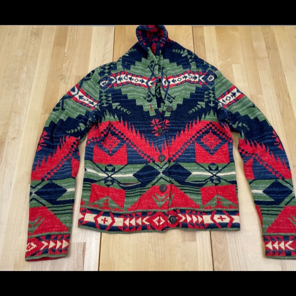 RALPH LAUREN Aztec Print Hooded Button Down Cardigan Sweater